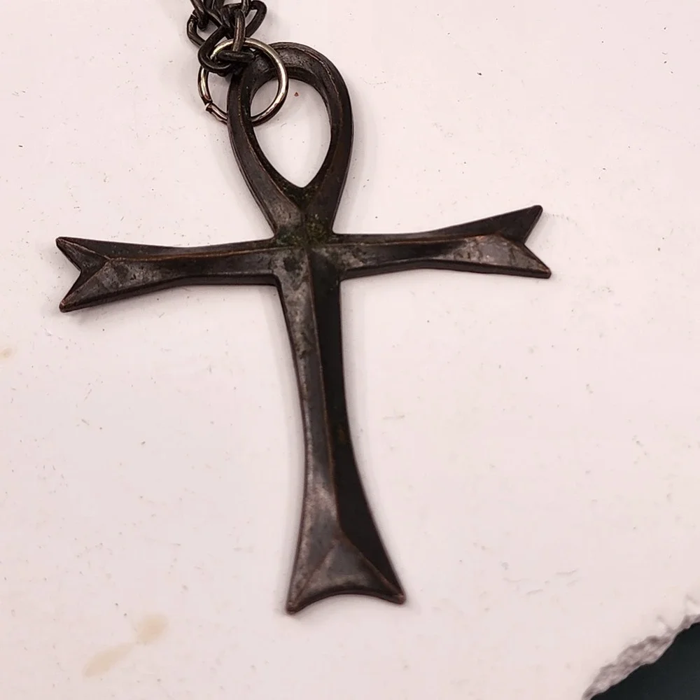 Large Egyptian Ankh Cross Pendant Necklace Antiqued Bronze Tone Statement